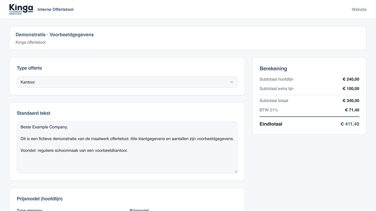 Demonstratie van de Kinga-offertetool met voorbeeldgegevens