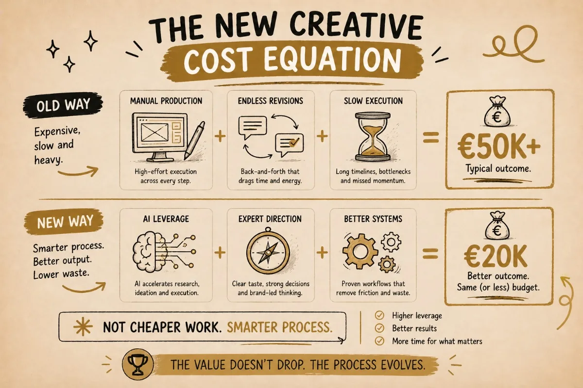 The new creative cost equation: manual production, endless revisions and slow execution on the old side; AI plus expert direction plus better systems on the new — not cheaper work, a smarter process.