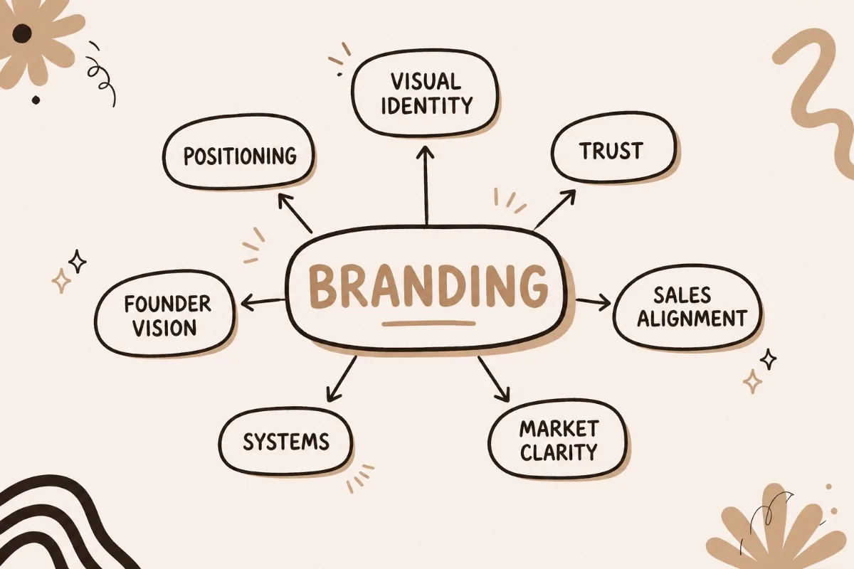 A branding mind-map: positioning, visual identity, trust, sales alignment, market clarity, systems and founder vision radiating from one word.