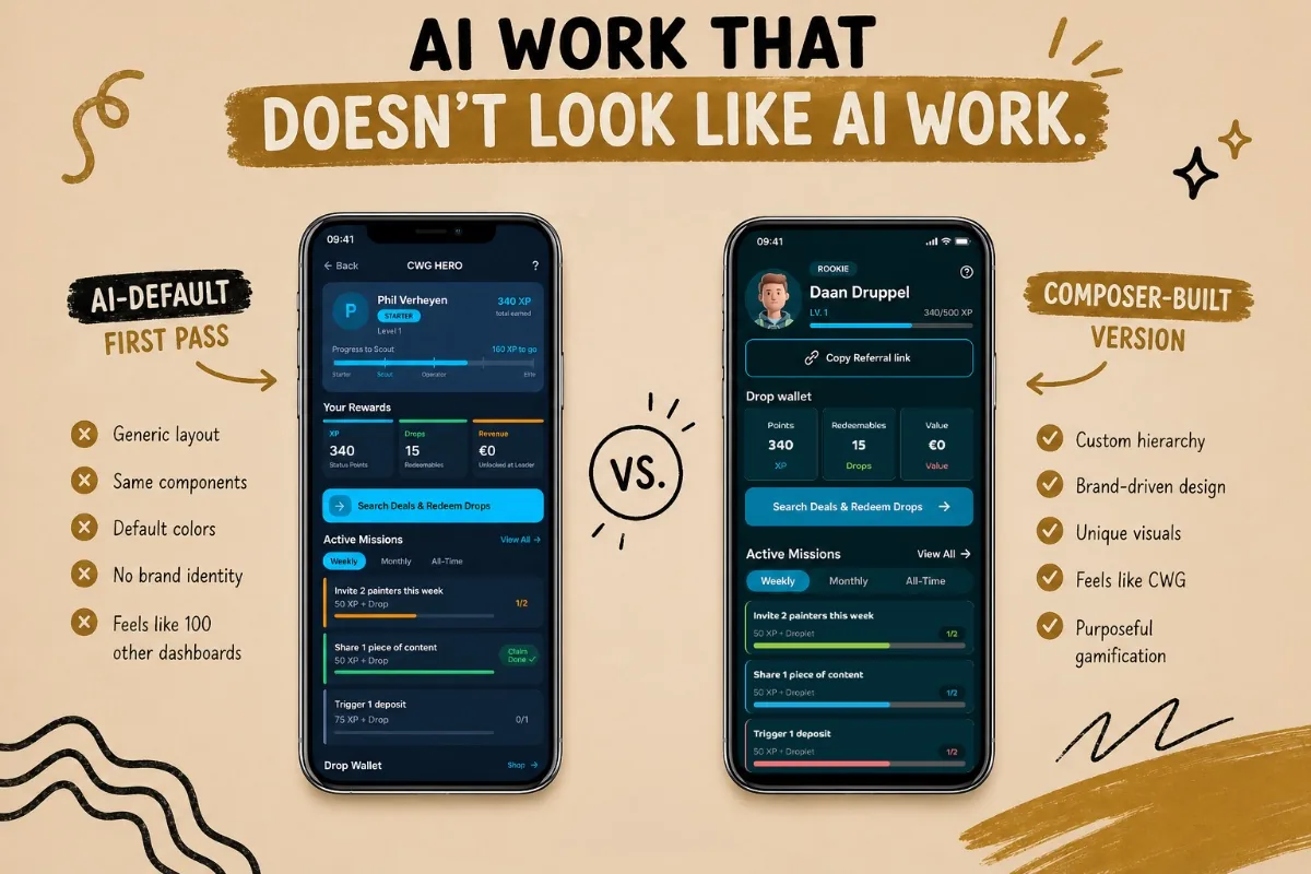 Two versions of the same CWG rewards screen: a generic AI-default first pass beside the Composer-built version with its own hierarchy, brand colours and purposeful gamification.